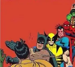 Batman Slapping Robin with Superheroes Lined Up