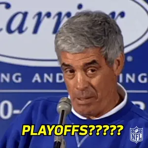 A Man Talking Into A Microphone With The Words " Playoffs " Written In Yellow
