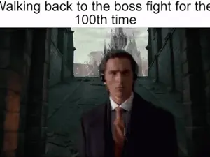 A Man In A Suit Is Walking Back To The Boss Fight For The 100Th Time .