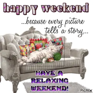 A Picture Of A Cat On A Couch With The Words Happy Weekend Because Every Picture Tells A Story Have A Relaxing Weekend