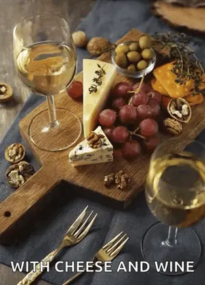 A Cutting Board With Cheese Grapes And Wine With The Words With Cheese And Wine Below