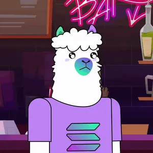 A Cartoon Of A Llama Wearing A Purple Shirt With A Blue Face