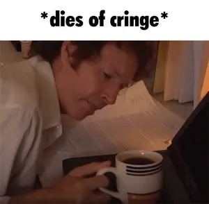 A Man Sitting At A Desk With Papers And A Cup Of Coffee With The Words Dies Of Cringe Written Above Him