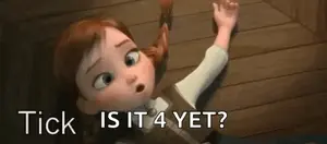 A Little Girl From The Movie Frozen Is Laying On The Floor And Asking If The Tick Is It 4 Yet .