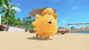 A Yellow Stuffed Animal Is Standing On A Beach