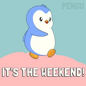 A Penguin Standing On Top Of A Pink Hill With The Words It 'S The Weekend Written Below It