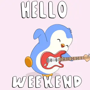 A Penguin Is Playing A Guitar And The Words Hello Weekend Are Above It