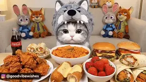 A Cat Wearing A Wolf Hat Sits At A Table With Food And A Bottle Of Coca Cola