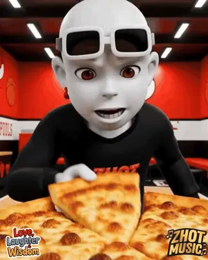 A Cartoon Character Is Eating A Slice Of Pizza With The Words Love Laughter Wisdom Behind Him