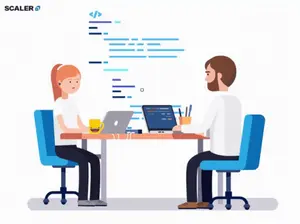 An Illustration Of A Man And A Woman Sitting At A Desk With Scaler Written On The Bottom Right