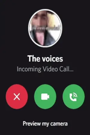 A Screenshot Of A Video Call With The Words " The Voices Incoming Video Call ... Preview My Camera "