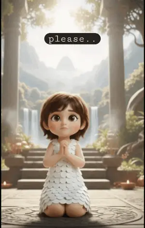 A Little Girl In A White Dress Is Kneeling Down In Front Of A Waterfall And A Sign That Says Please