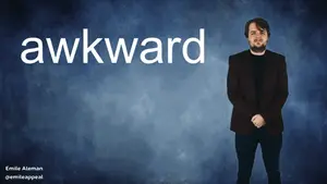 A Man Stands In Front Of A Blue Background With The Word Awkward Written On It