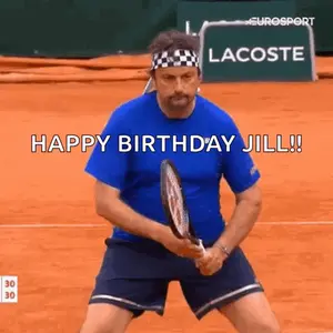 A Man Is Holding A Tennis Racquet On A Tennis Court And Says Happy Birthday Jill .