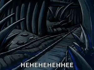 A Cartoon Of A Man Standing In A Cave With The Words " Henehenehenee " Above Him