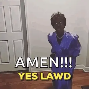 A Woman In A Purple Dress Is Standing In A Room With The Words Amen ! Yes Lawd .