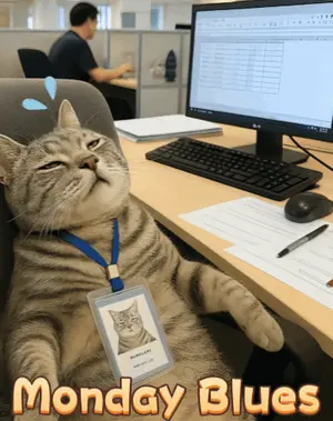 A Cat Laying At A Desk With A Monday Blues Badge