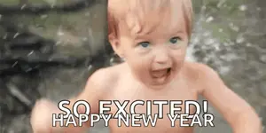 A Baby Without A Shirt Is Standing In The Water With The Words `` So Excited ! Happy New Year '' Written Above Him .