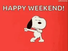Snoopy Is Dancing On A Red Background With The Words `` Happy Weekend '' Written Above Him .