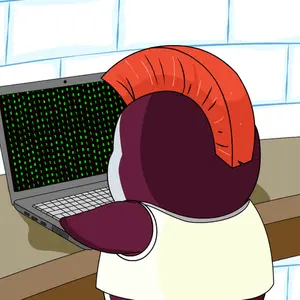 A Cartoon Penguin With A Red Mohawk Is Looking At A Laptop Screen