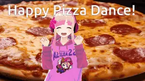 A Girl In A Pink Hoodie Is Standing In Front Of A Pizza That Says Happy Pizza Dance On It