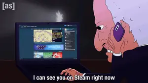 A Cartoon Of A Man Talking On A Cell Phone While Looking At A Laptop Screen That Says I Can See You