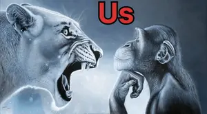 A Drawing Of A Lion And A Chimpanzee With The Word Us In Red Letters