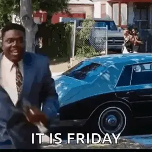 A Man In A Suit And Tie Is Standing In Front Of A Blue Car And Saying `` It Is Friday '' .