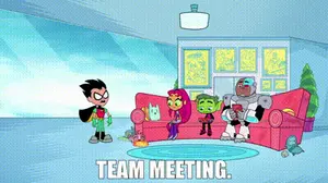 A Group Of Cartoon Characters Are Sitting On A Couch In A Living Room With The Words Team Meeting Below Them .