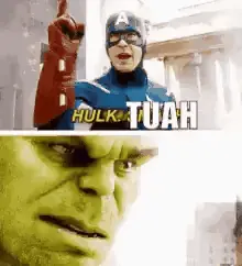 A Collage Of A Captain America And Shrek 'S Faces With The Caption Hulk Tuah