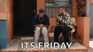 Two Men Are Sitting On A Porch With The Words `` It 'S Friday '' Behind Them .