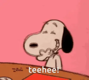 A Cartoon Of Snoopy Sitting At A Table With The Words Teehee On The Bottom Right
