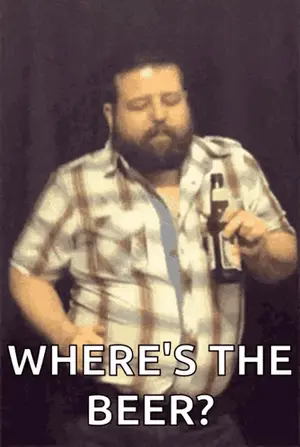 A Man In A Plaid Shirt Is Holding A Bottle Of Beer And Asking Where 'S The Beer