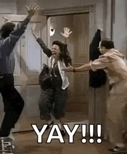 A Group Of People Are Jumping In The Air In A Room With The Words `` Yay !!! '' Written On The Bottom .