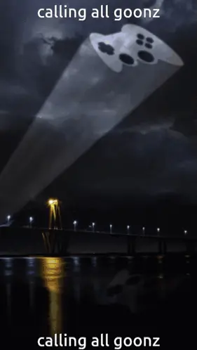 A Video Game Controller Is Flying Over A Bridge With The Words Calling All Goonz Below It