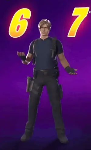A Video Game Character Is Standing In Front Of A Purple Background With The Number 67 On It