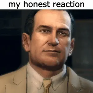 A Man In A Suit And Tie With The Words " My Honest Reaction " Below Him