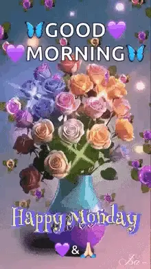 A Vase Filled With Flowers And The Words `` Good Morning And Happy Monday ''