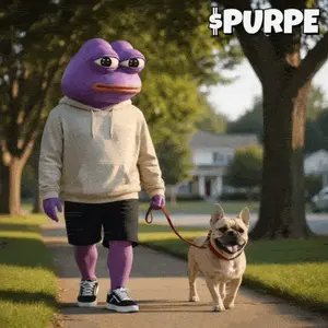 A Purple Frog Is Walking A Dog On A Leash With The Word Purpe In The Background