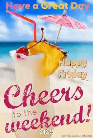 A Cheers To The Weekend Greeting Card With A Drink And Umbrellas On The Beach .