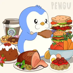 A Penguin Is Surrounded By A Variety Of Food Including A Sandwich