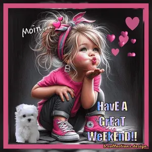 A Little Girl Blowing A Kiss With The Words Have A Great Weekend Written Below Her