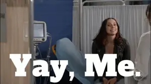 A Woman Sitting In A Hospital Bed With The Words Yay Me Written Above Her