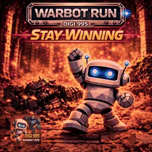A Poster For Warbot Run Shows A Robot With Blue Eyes
