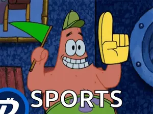Patrick Star From Spongebob Is Holding A Green Flag And A Yellow Glove With The Word Sports Below Him