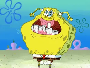 A Cartoon Of Spongebob With His Mouth Open And The Word Dah Written Below It