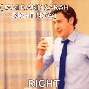 A Man In A Suit And Tie Is Holding A Cup Of Coffee With The Caption " Jamie And Sarah Right Now Right "