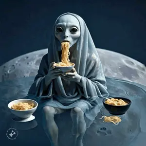 A Painting Of An Alien Eating Noodles With A Logo That Says ' Imagination ' On It