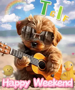 A Puppy Wearing Sunglasses Is Playing A Guitar And The Words Happy Weekend Are Below It