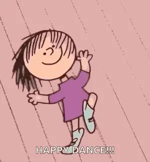 A Cartoon Of A Girl In A Purple Dress Jumping In The Air With The Words `` Happy Dance '' .